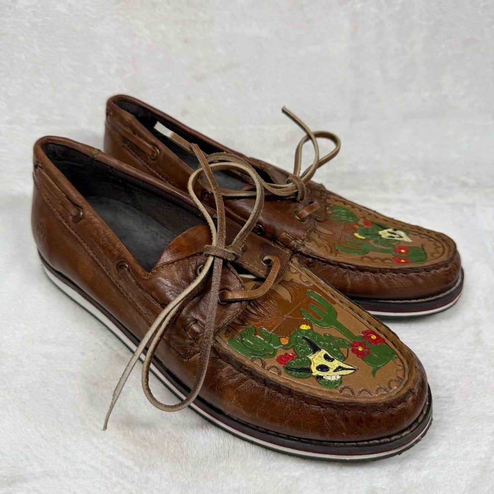 Roper Brown Leather Hand Painted Cactus Skull Boat Shoes Moccasins 9